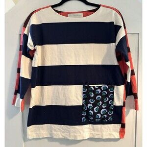 Stella McCartney Ron T Border Cut & Sew Striped Crew Neck Patterned Pocket Sz M
